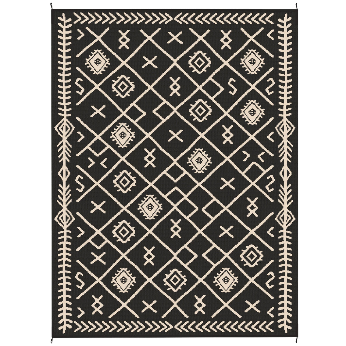 Outdoor Rug, 9' x 12' Floor Mat, Black Beige Rhombus