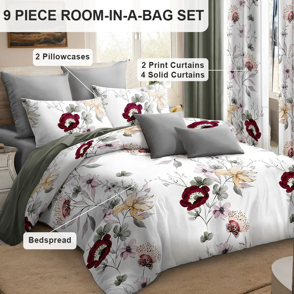 9-Piece Sage Green Watercolor Floral Bedding & Curtain Set (Queen/King/Cal King) - Quilted Microfiber Bedspread + Sheer Curtains