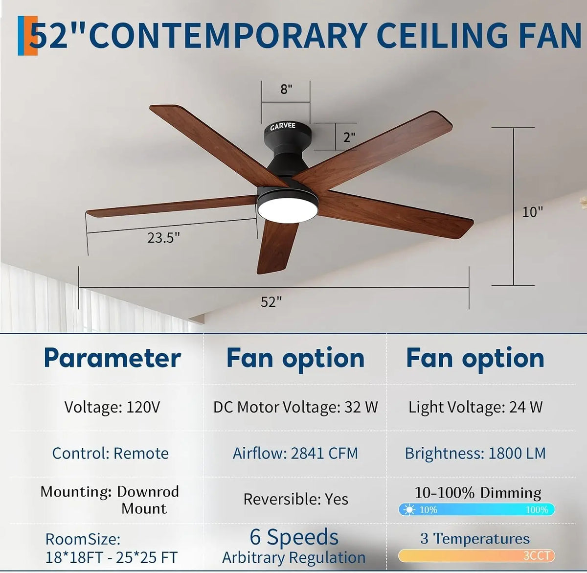 42/52" Low Profile Ceiling Fans with Lights and Wood Blades for Indoor/Outdoor | Remote Control, Flush Mount, 6-Speed, 5 Wood Blades, 3CCT Dimmable LED, Reversible Quiet DC Motor